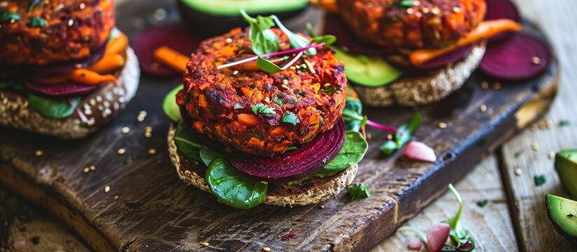 Avocado on veggie burgers made with beets and carrots.
