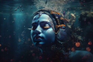 Lord Krishna Underwater.  Happy Janmashtami holiday Indian festival greeting background.  Image created with Generative AI technology