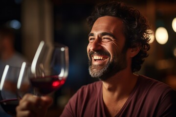 Image of a happy wine taster using his nose to smell the product from a wine glass. In the basement with the tank in the background - obrazy, fototapety, plakaty