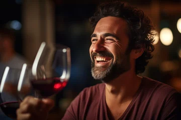 Poster Image of a happy wine taster using his nose to smell the product from a wine glass. In the basement with the tank in the background © Attasit