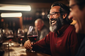 Image of a happy wine taster using his nose to smell the product from a wine glass. In the basement with the tank in the background - obrazy, fototapety, plakaty