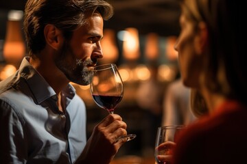 Image of a happy wine taster using his nose to smell the product from a wine glass. In the basement with the tank in the background