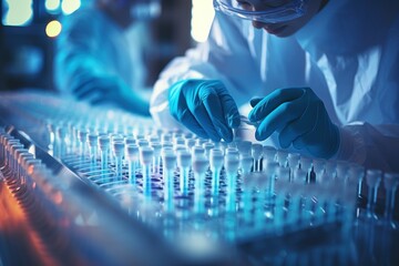 Doctor or technician lab in blue gloves uses pipette transfer samples DNA testing - obrazy, fototapety, plakaty