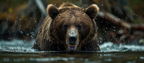 Grizzly bear growling in water at camera. - obrazy, fototapety, plakaty