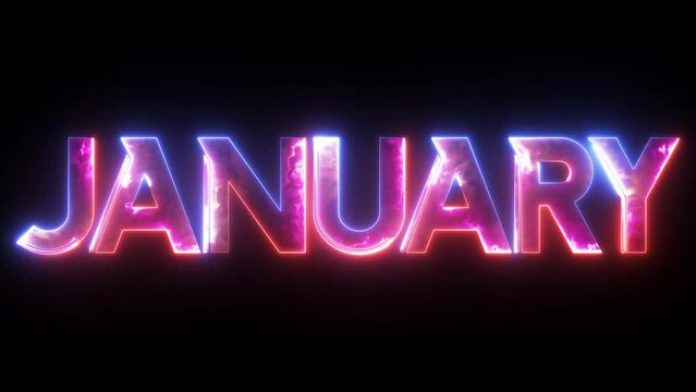 Glowing Colorful Light Neon Text Month Of January . Abstract Glowing January Month Text Neon Light Effect Background Animation. 3d Illustration Rendering