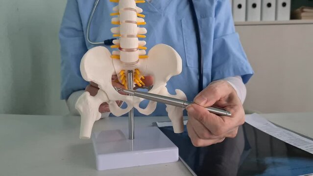 Anatomical model of the lumbar spine with pelvic bone and nerve root. Pelvic bones and pain problem