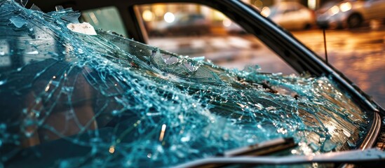 Vandalized car with broken windows indicates a criminal act involving shattered glass. - obrazy, fototapety, plakaty
