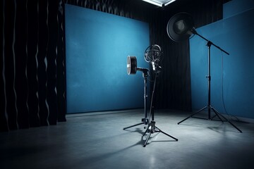 Photo of blue studio backdrop with mic. Generative AI