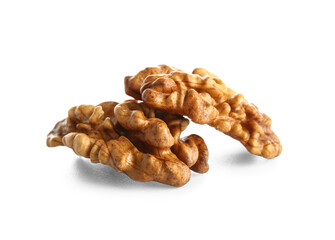 Tasty walnuts on white background
