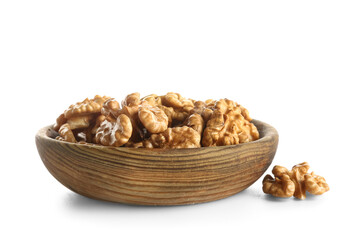 Bowl of tasty walnuts on white background