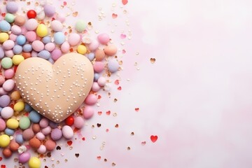 Obraz premium Pink background with free space. Cake in the shape of a heart. Easter eggs. background. Spring mood. Banner. confetti
