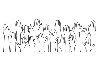 Group of Multiethnic Diverse Hands Raised line art vector. - obrazy, fototapety, plakaty