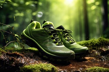 Hiking shoes in the forest. Sport and healthy lifestyle concept, Environmentally friendly shoes, Running outdoors in nature concept, AI Generated - obrazy, fototapety, plakaty