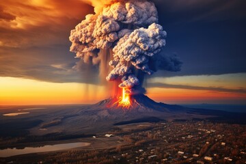 Volcanic eruption in Kamchatka Peninsula, Russia at sunset, Eruption of the Tolbachik volcano, AI Generated