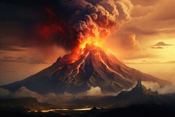 Volcanic eruption in the background of the volcano. 3d rendering, Eruption of the Tolbachik volcano, AI Generated - obrazy, fototapety, plakaty