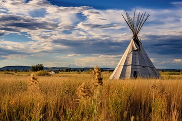 Tribal teepee in the prairie at sunset, South Dakota, First Nations tipis on the open prairies of North America, AI Generated