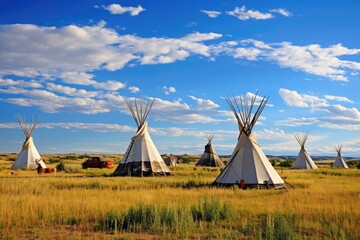 Teepee in the prairie of Yellowstone National Park, Wyoming, First Nations tipis on the open prairies of North America, AI Generated - obrazy, fototapety, plakaty