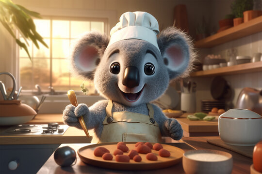 3D character illustration of koala chef cooking in the kitchen