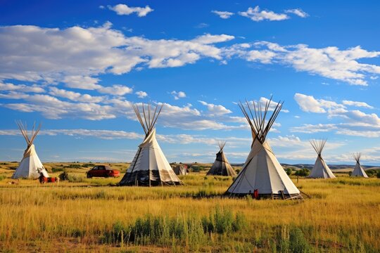 Teepee in the prairie of Yellowstone National Park, Wyoming, First Nations tipis on the open prairies of North America, AI Generated
