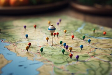 Map of the european continent with pins. Travel concept, Find your way, Location marking with a pin on a map with routes, AI Generated