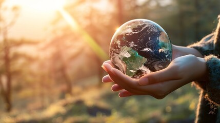 An illustration depicting the concept of global warming content, A woman's hand holding the Earth, emphasizing the need to save the planet, Earth Day, sustainable living, ecology, ai generate.