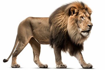 Side view of a male lion looking back, isolated on white. Generative AI