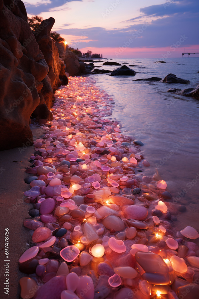 Sticker glowing stones and seashells on the beach at sunset