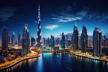 Fototapeta na wymiar Shanghai Lujiazui Finance and Trade Zone of the modern city, Dubai Panoramic Night View, AI Generated