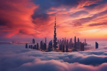 Foto op Canvas Foggy cityscape with skyscrapers and clouds at sunset, Dubai sunset view of downtown covered with clouds, AI Generated © Ifti Digital