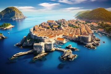 Dubrovnik old town on the Adriatic Sea in Croatia, Dubrovnik landscape, / Aerial view of the famous European travel destination in Croatia, Dubrovnik old town, AI Generated - obrazy, fototapety, plakaty
