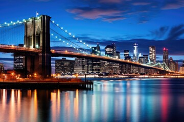 Brooklyn Bridge and Manhattan skyline at dusk, New York City, East River overlooking Manhattan and...