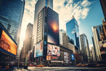 s Square, featured with Broadway Theaters and huge number of LED signs, is a symbol of New York City and the United States, Famous Times Square landmark in New York downtown with mock, AI Generated - obrazy, fototapety, plakaty