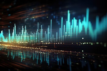 Double exposure of business chart and cityscape at night. Finance and trade concept, Financial stock market graph on a technology abstract background, AI Generated