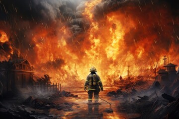 Fireman at the scene of a natural disaster. 3d render, Firefighter attempting to prevent the spread of natural disaster, AI Generated