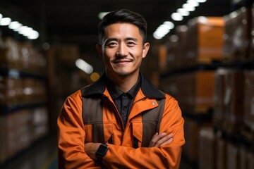 Asian warehouse worker with arms crossed. Generative AI.