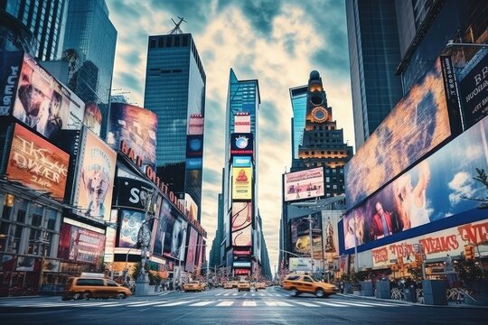 s Square, featured with Broadway Theaters and huge number of LED signs, is a symbol of New York City and the United States, Famous Times Square landmark in New York downtown with mock, AI Generated