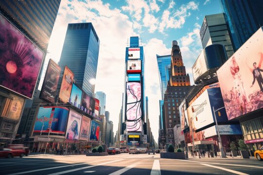 Times Square, featured with Broadway Theaters and huge number of LED signs, is a symbol of New York City and the United States, Famous Times Square landmark in New York downtown with, AI Generated