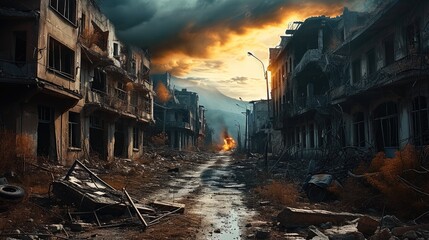 Doomsday neighborhoods, Collapsed buildings. Generative AI. - obrazy, fototapety, plakaty