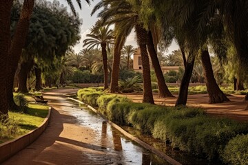 Park in the city of Seville, Andalusia, Spain, Gardens and trees in the urban parks of Marrakech, Morocco, AI Generated