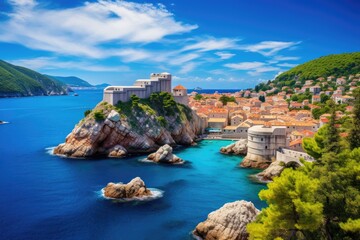 Dubrovnik old town on the Adriatic Sea in Croatia, General view of Dubrovnik - Fortresses Lovrijenac and Bokar seen, AI Generated - obrazy, fototapety, plakaty