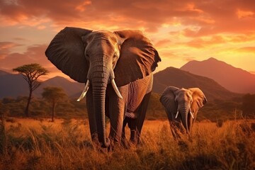 Elephants in Amboseli National Park, Kenya, Africa, Elephants crossing the Olifant River, evening shot, Kruger National Park, AI Generated - obrazy, fototapety, plakaty