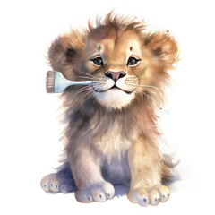 Baby lion bedtime wearing pajama and holding tooth brush Illustration, Generative Ai