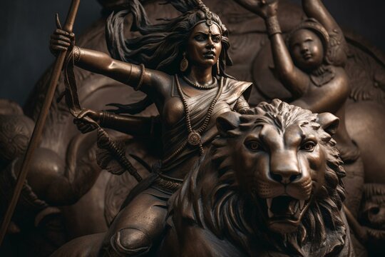 Victory of Goddess Durga(Hindu Goddess of Power) over buffalo demon. Generative AI