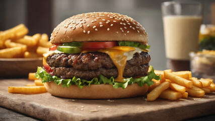 Hamburguesa carne papas fritas completa tomate salsa lechuga comida r&aacute;pida platillo pan delicioso pepinillos primer plano suculento queso