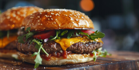 close up of a hamburger 4k, hamburger on a plate - obrazy, fototapety, plakaty