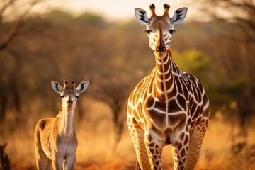 Giraffe and baby in the Okavango Delta - Moremi National Park in Botswana, Giraffe and Plains zebra in Kruger National Park, South Africa, AI Generated - obrazy, fototapety, plakaty