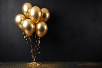 Bunch of golden balloons on black background with copy space. Birthday or anniversary concept, Gold...