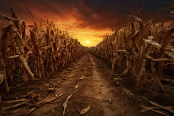 Fotobehang Dry corn field in sunset, 3d rendering. Computer digital drawing, Drought in a cornfield, AI Generated © Ifti Digital