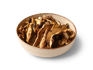Bowl with tasty dried mushrooms on white background