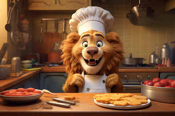illustration of 3D character of lion chef cooking in the kitchen - obrazy, fototapety, plakaty